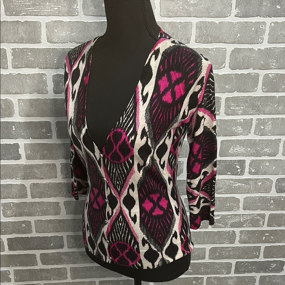Tory Burch Ikat Print Merino Wool Cardigan Sweater Pink Black V Neck Size Small - Picture 11 of 14